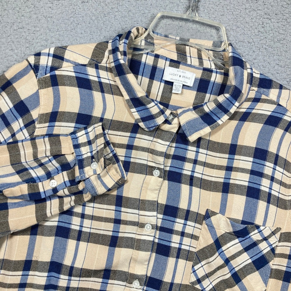 Lucky Brand Plaid‎ Button Up Shirt Womens XL Blue Tan Long Sleeve Pocket